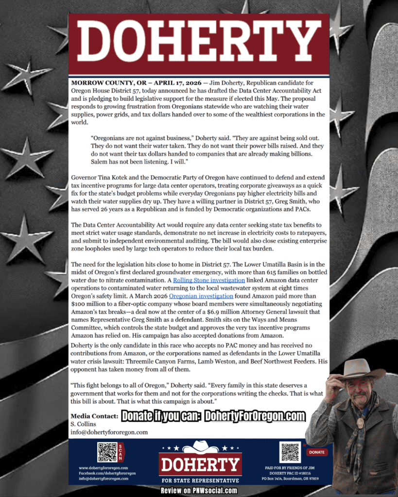 Oregon Data Center Accountability and Resource Protection Act by Jim Doherty For Oregon - Press Release 4-17-26