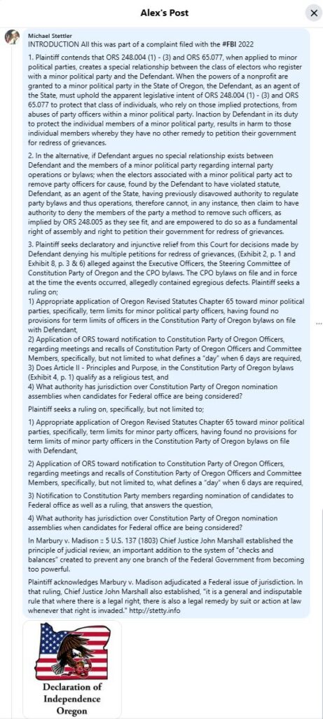 Complaint Allegedly Filed with FBI 2022 - Citing Declaration of Independence Oregon
