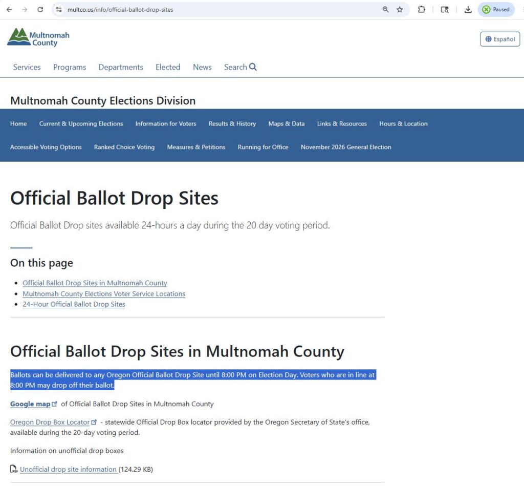 Official Voter Drop Site in Oregon Closed Early before 8pm so they say
