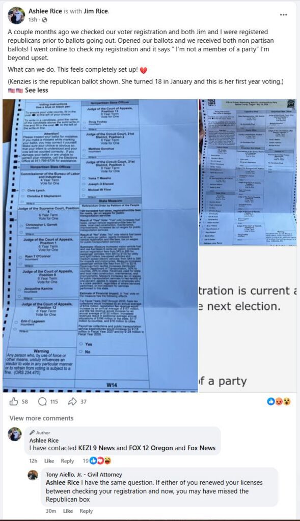 Oregon Election Fraud Alleged with Wrong Party