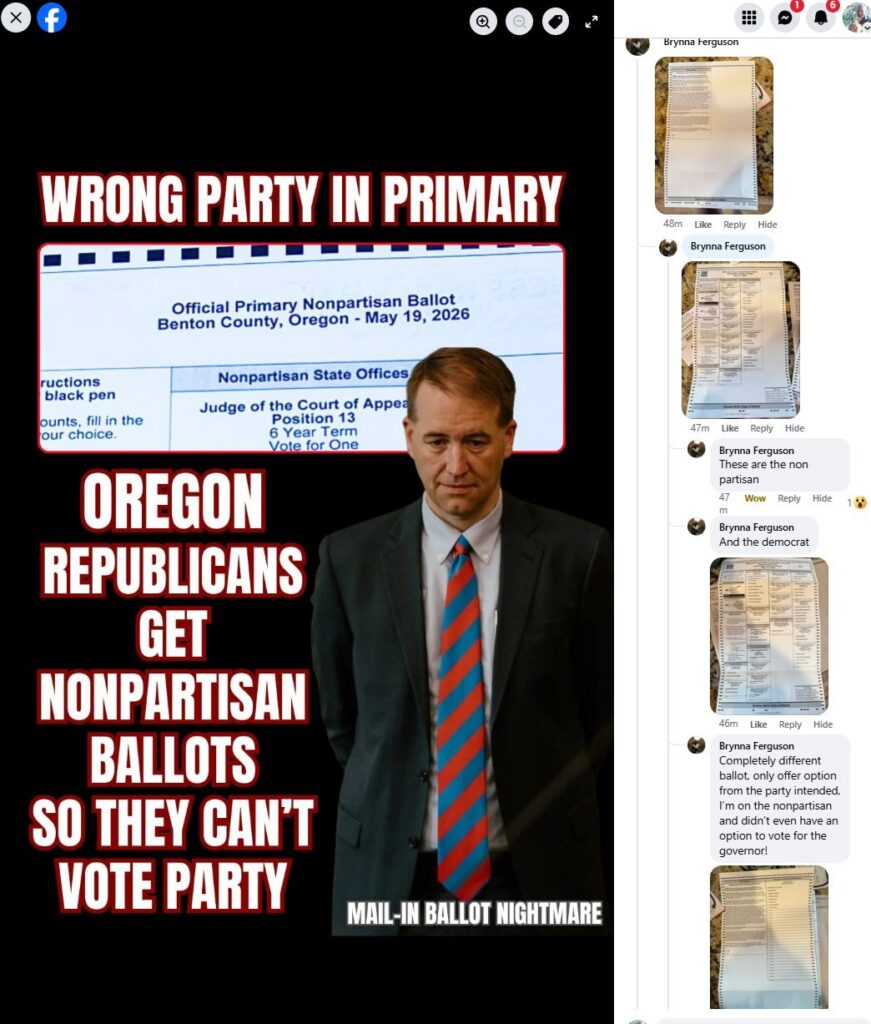 Oregon Mail-In Ballot Voter Could Not Vote for Governor - Wrong Party in Primary Election