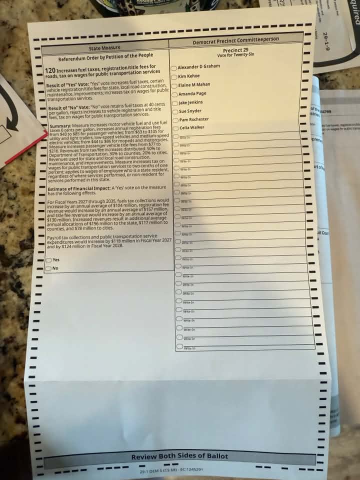 Oregon Mail-In Ballot Voter Tobias Read - Wrong Party in Primary Election