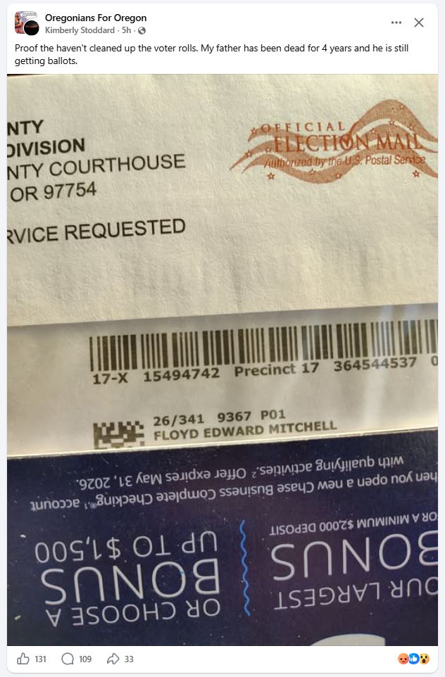 Proof Oregon did not clean up Voter Rolls