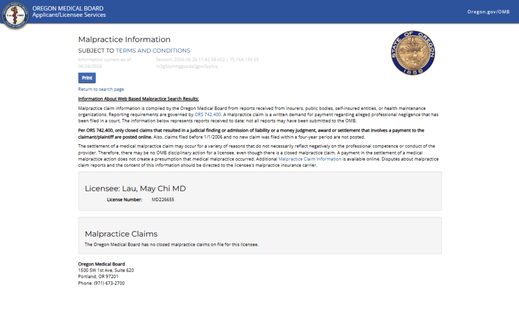 Oregon Medical Board - Malpractice Claims in Oregon