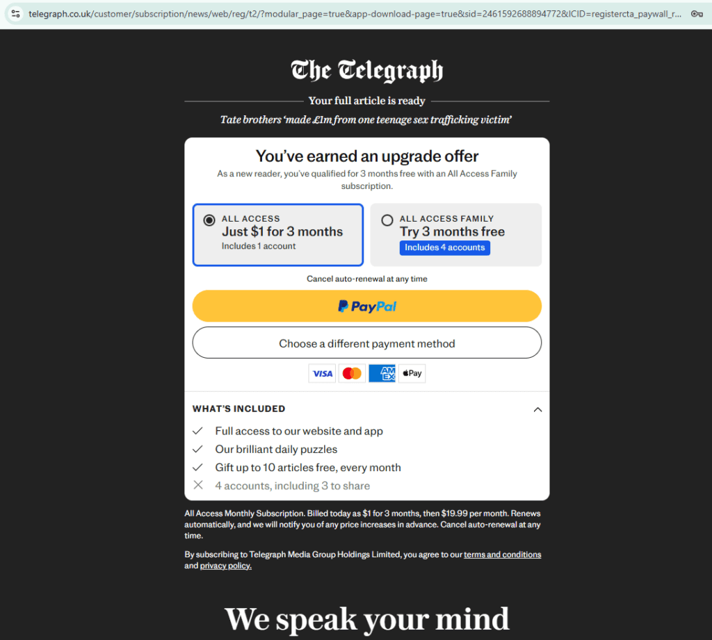 Andrew Tate - The Telegraph Paid News Ads - Tate Wrap-Up Smear
