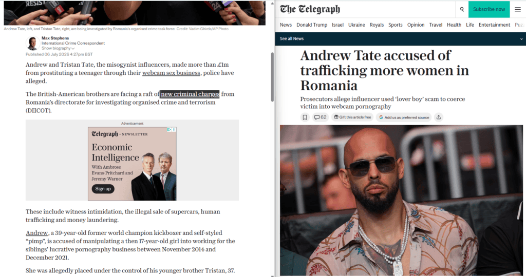 The Telegraph Andrew Tate Wrap-Up Smear Style Article Linked to Themselves