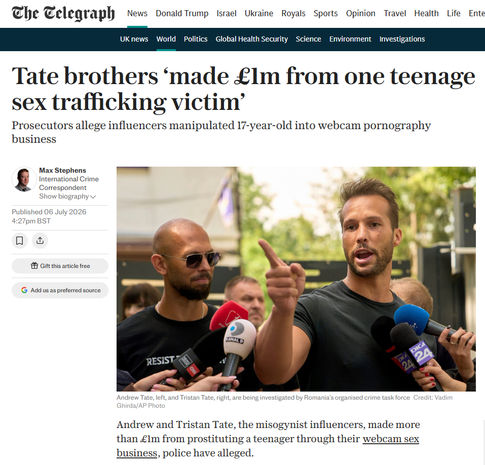 The Telegraph Paid Article Wrap-Up Smear - Tate Brothers Organized Crime Allegations